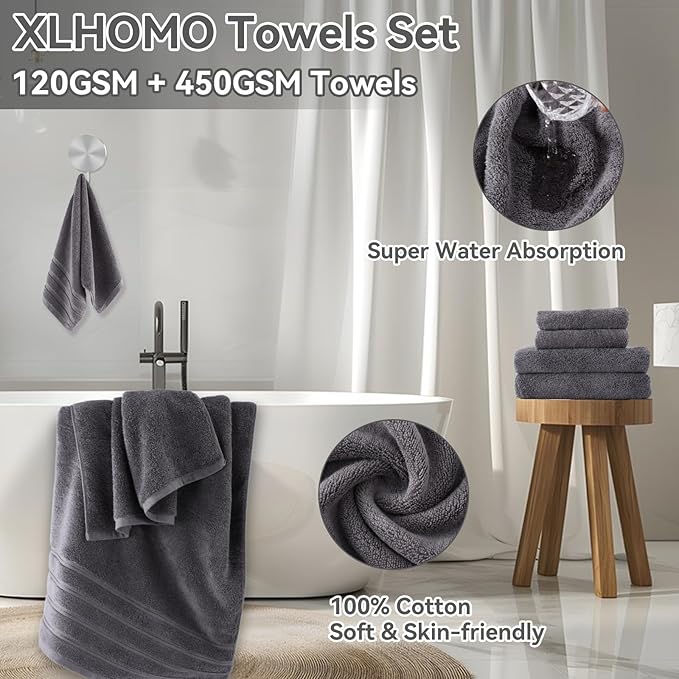 Grey Bathroom Accessories, 24 Pieces Grey Bathroom Accessories Set with Shower Curtain, Bath Towels, Trash Can, Soap Dispenser and Soap Dish for Bathroom/Housewarming