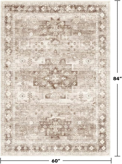 Washable Neutral Farmhouse Bedroom Rug, 5x7 Area Rugs for Living Room, Nursery Room, Boho Vintage Floral Non-Slip Rug Low Pile Stain Resistant (5x7 Beige/Latte)