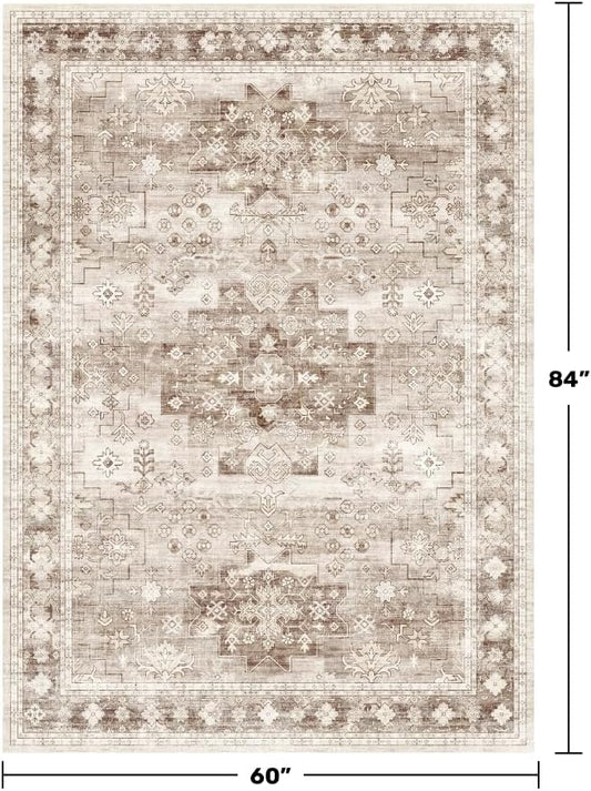 Washable Neutral Farmhouse Bedroom Rug, 5x7 Area Rugs for Living Room, Nursery Room, Boho Vintage Floral Non-Slip Rug Low Pile Stain Resistant (5x7 Beige/Latte)