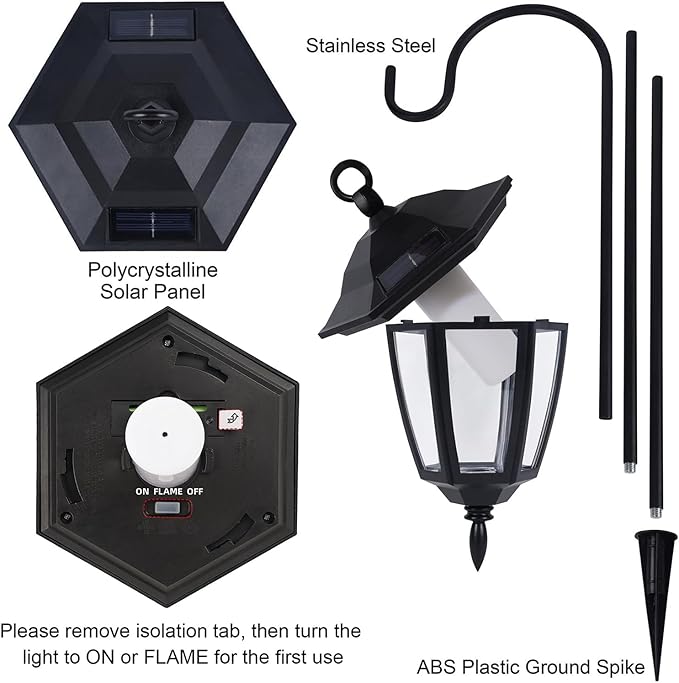 Dynaming 4 Pack Solar Halloween Flame Hanging Lights Outdoor, Flickering Flame LED Garden Lanterns with 4x38 Inch Shepherd Hooks, Landscape Lighting Waterproof for Lawn Yard Pathway Driveway, Purple