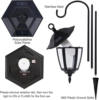 Dynaming 4 Pack Solar Halloween Flame Hanging Lights Outdoor, Flickering Flame LED Garden Lanterns with 4x38 Inch Shepherd Hooks, Landscape Lighting Waterproof for Lawn Yard Pathway Driveway, Purple