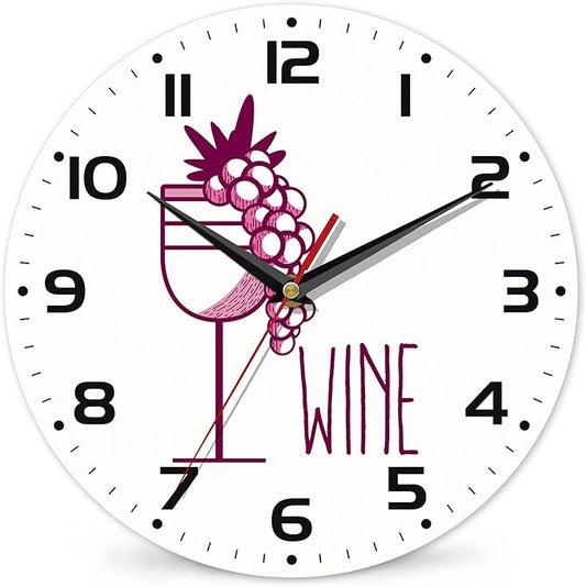Wine Cup with Grapes Wall Clocks Wooden Wall Clock Art Hanging Clocks Silent Non-Ticking Wall Clock Battery Operated Round Home Arabic Numeral Decorative Wall Clocks 10 Inch