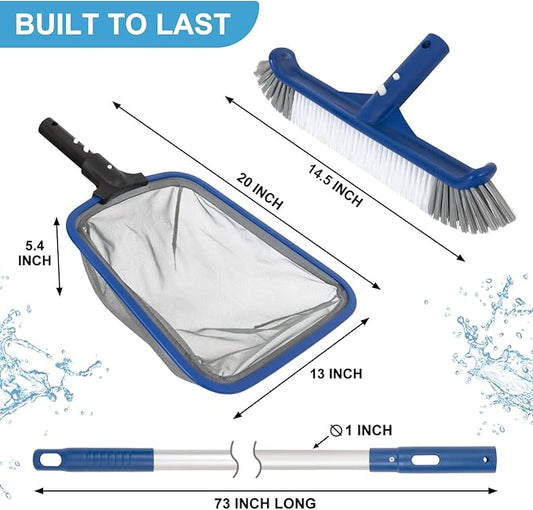 Pool Cleaning Kit, 14.5'' Pool Brush Head & Ultra Fine Mesh Pool Skimmer Net with Pole, Aluminum Frame Pool Net Skimmer & Pool Brush with Pole,Pool Net & Pool Brushes for Cleaning Pool Walls with Pole