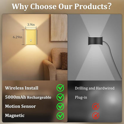 Battery Operated Wall Sconce Set of 2: 5000mAh Rechargeable Motion Sensor Night Light Indoor, 3CCT Dimmable Wireless Wall Lights Magnetic LED Up and Down Wall Lamp for Bedroom Closet Stair, Gold