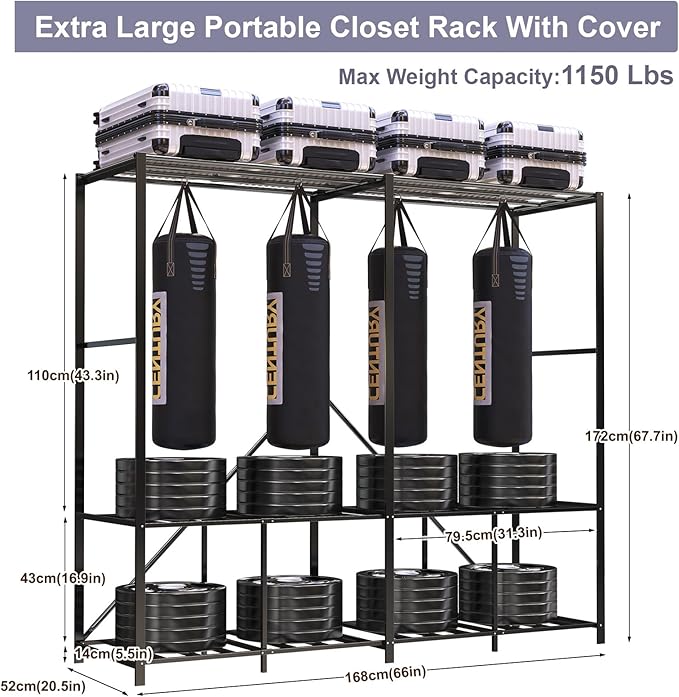 95% Assembeld Heavy Duty Clothes Rack, 66" L Premium Metal Strong Garment Rack with Cover, Portable Foldable Freestanding Clothes Racks for Hanging Clothes, Black