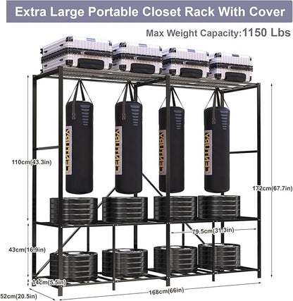 95% Assembeld Heavy Duty Clothes Rack, 66" L Premium Metal Strong Garment Rack with Cover, Portable Foldable Freestanding Clothes Racks for Hanging Clothes, Black
