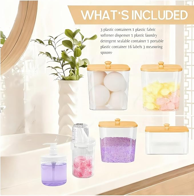 6-Piece Laundry Pod Storage Set. Transparent laundry storage container with bamboo lid and label, ideal for storing fabric softener, liquid detergent, laundry pods, and fragrance boosters.