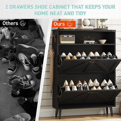 Vabches Shoe Storage Cabinet with 2 Flip Drawers,Freestanding Narrow Shoe Organizer with Open Storage,Hidden Slim Shoe Rack Cabinet for Entryway,Hallway,Black