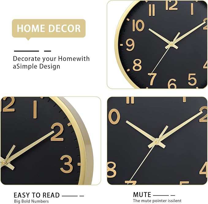 Wall Clocks Battery Operated 12 inch Modern Wall Clock,Silent Non Ticking Wall Clock for Living Room Bedroom Kitchen Office Classroom Decor (Black Gold)