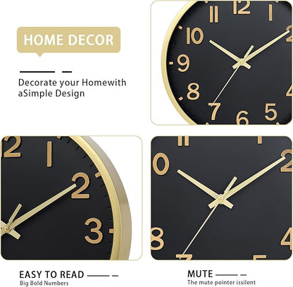 Wall Clocks Battery Operated 12 inch Modern Wall Clock,Silent Non Ticking Wall Clock for Living Room Bedroom Kitchen Office Classroom Decor (Black Gold)