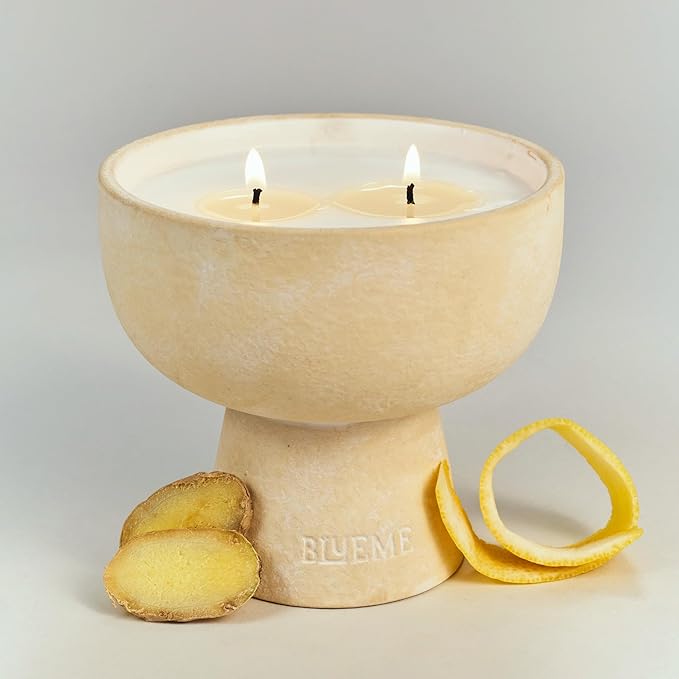 Blueme Happiness Candle | Yuzu & Ginger | 2 Wick - Refillable Wellness Candle with Essential Oils, Hand Finished & Poured Soy Wax Blend Ceramic Vessel, Natural Cotton Wicks | Medium 12 oz
