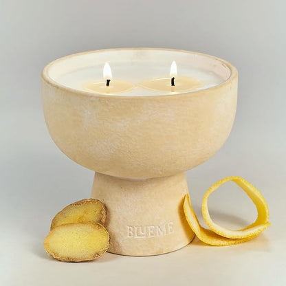 Blueme Happiness Candle | Yuzu & Ginger | 2 Wick - Refillable Wellness Candle with Essential Oils, Hand Finished & Poured Soy Wax Blend Ceramic Vessel, Natural Cotton Wicks | Medium 12 oz