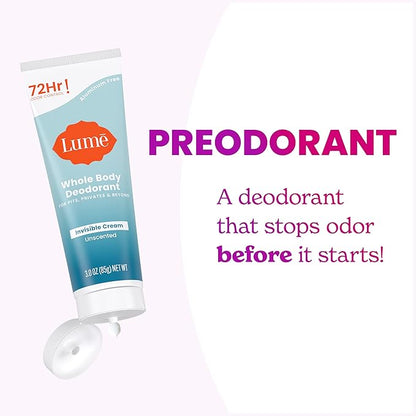 Lume Whole Body Deodorant - Invisible Cream Tube - 72 Hour Odor Control - Aluminum Free, Baking Soda Free, Skin Safe - 3.0 ounce (Unscented)