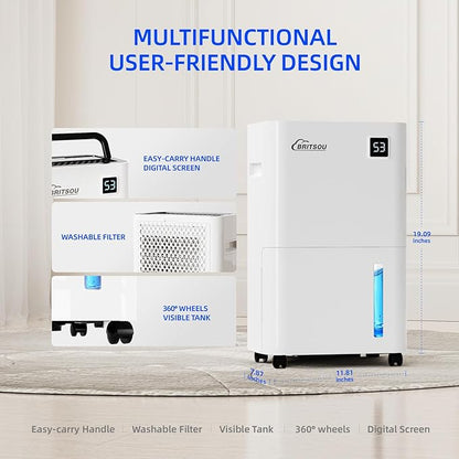 Britsou 50 Pints Dehumidifier for Basement with Drain Hose - Quiet Smart Operation with 3 Modes, 24HR Timer - Ideal for Home Bedroom, Bathroom, Small to Large Rooms
