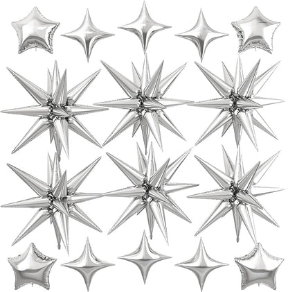 Silver Star Balloon,16Pcs Star Foil Balloons Set with 22Inch Explosion Spike Cone Balloons and 10Inch Quadrangle Helium Balloon for Birthday Wedding Baby Shower Party Decorations