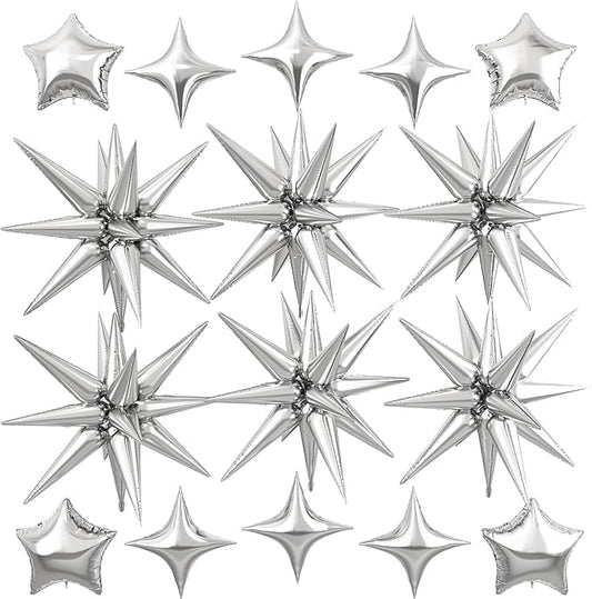 Silver Star Balloon,16Pcs Star Foil Balloons Set with 22Inch Explosion Spike Cone Balloons and 10Inch Quadrangle Helium Balloon for Birthday Wedding Baby Shower Party Decorations