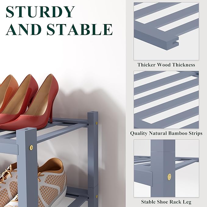 Smiry Shoe Rack, 2 Tier Small Bamboo Shoe Organizer, Stackable Free Standing Wooden Shoe Storage Shelf for Closet, Entryway, Front Door Entrance, Grey