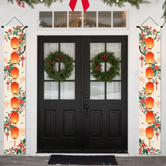 Nuxovilar Happy New Year Banner, 70.86" x 11.81" Orange Citrus Pattern Hanging Decorations for Outdoor Indoor Home Wall