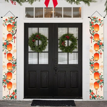 Nuxovilar Happy New Year Banner, 70.86" x 11.81" Orange Citrus Pattern Hanging Decorations for Outdoor Indoor Home Wall