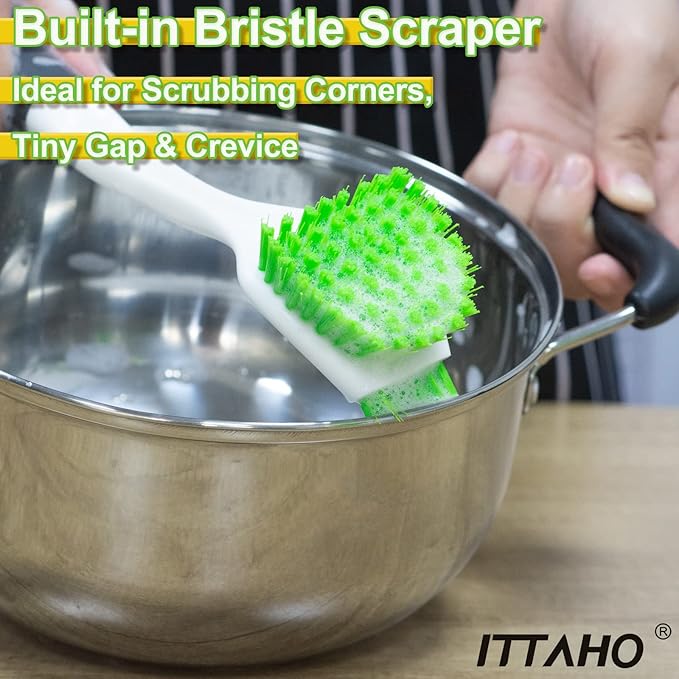 ITTAHO Dish Scrub Brush Kit, Kitchen Brush Set for Cleaning, Double Sided Bristles Scrubber Cleaner for Dishes,Sink,Pots,Pans,Bathroom Shower,Tile,Tubs - 3 Pack