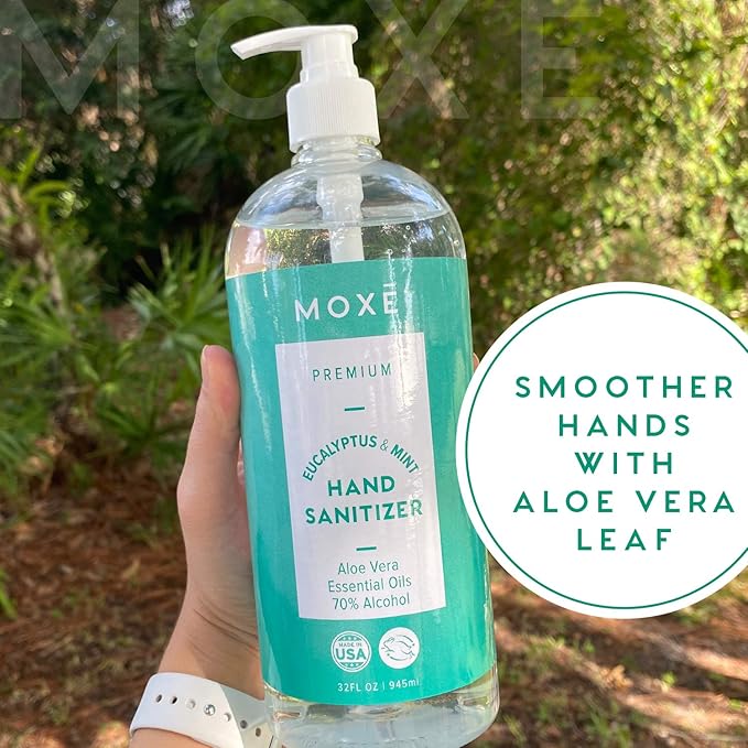 MOXE Premium Eucalyptus & Mint Hand Sanitizer Value Pack - Calming Moisturizing Waterless Antiseptic Cleanser with 70% Ethyl Alcohol, Aloe Vera & Essential Oils - Fights Germs & Bacteria - 4 x 32oz