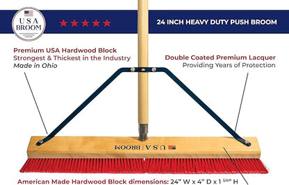 24" Everyday Sweep Indoor/Outdoor Push Broom with 60" Handle. Ideal for Garages & Shops. Durable American Made Steel Brackets-All Stainless Steel Hardware. No Plastic. 100% Made in The USA.