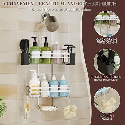 Shower Caddy Hanging for Bathroom Organizers and Storage, Adjustable Anti-Swing Shower Organizer for Wall-Mounted Showerhead with Heavy-Duty Suction Cups, Damage-Free Rustproof (Chrome)