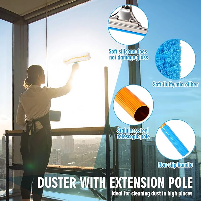 Leinuosen 6-30ft High Window Cleaning Kit with Titanium Alloy Extension Pole 2 in 1 Window Squeegee Scrubber Washable Dust Brush Tools for Indoor Outdoor High Windows Roof Ceilings Wall Car Glass