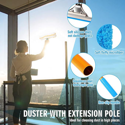 Leinuosen 6-30ft High Window Cleaning Kit with Titanium Alloy Extension Pole 2 in 1 Window Squeegee Scrubber Washable Dust Brush Tools for Indoor Outdoor High Windows Roof Ceilings Wall Car Glass
