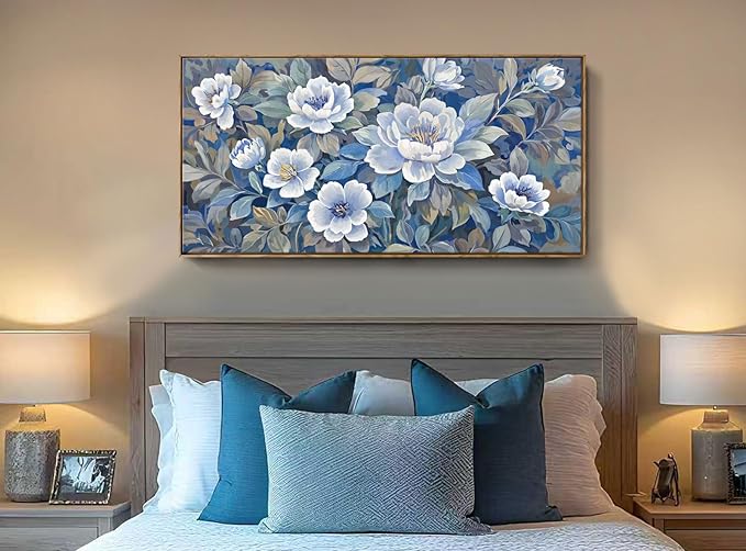ARTZON Framed Large Wall Art for Living Room- Modern Blue and White Canvas Art Prints Peony Picture Blossom Flower Botanical Elegant Horizontal Artwork Relaxing Women Bedroom Office 48x24 Inch