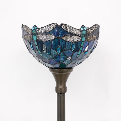 Tiffany Floor Lamp Torchiere Stained Glass Torch Lamp 12X12X67 Inch Antique Standing Corner Light (Dark Blue Dragonfly)