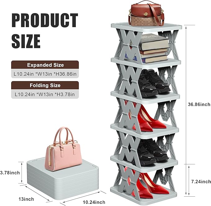 Shoe Rack, 6 Tier Small Shoe Organizer Without Assembly, Foldable Shoe Rack for Entryway, Front Door Entrance, Bedroom, Small Spaces, White
