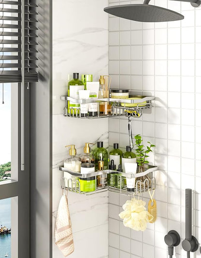 HapiRm Corner Shower Caddy with Shampoo Holder, Shower Organizer with 11 Hooks, No Drilling Rustproof Stainless Steel Bathroom Shelves - Silver (Only for 90 ° Right Angle)
