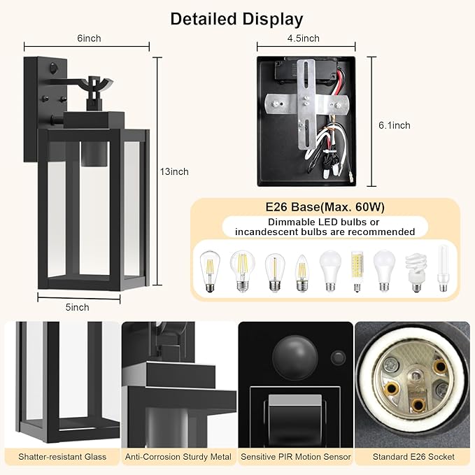 2-Pack Motion Sensor Outdoor Wall Light Fixtures, Modern Black Dusk to Dawn Porch Light Lantern with 3 Modes, Waterproof Exterior Lighting for House, Patio, Garage, Front Door
