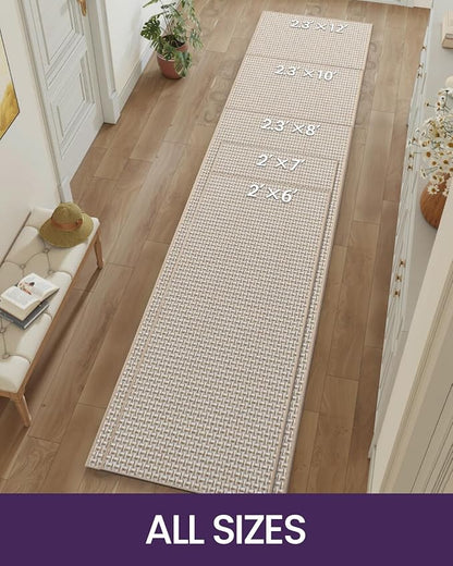 DEXI Hallway Runner Rug 2'x7', Non Slip Rubber Backed Runners Carpet, Ultra Thin Entryway Rugs Indoor for Kitchen Hallway Entrance Bedroom, White and Beige