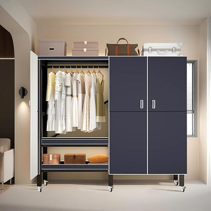 Heavy Duty Clothes Rack with Magnetic Door, Metal Foldable Covered Clothes Rack, Portable Wardrobe Closet System for Hanging Clothes, Rolling Garment Racks for Bedroom (Navy Blue Doors, 59in)