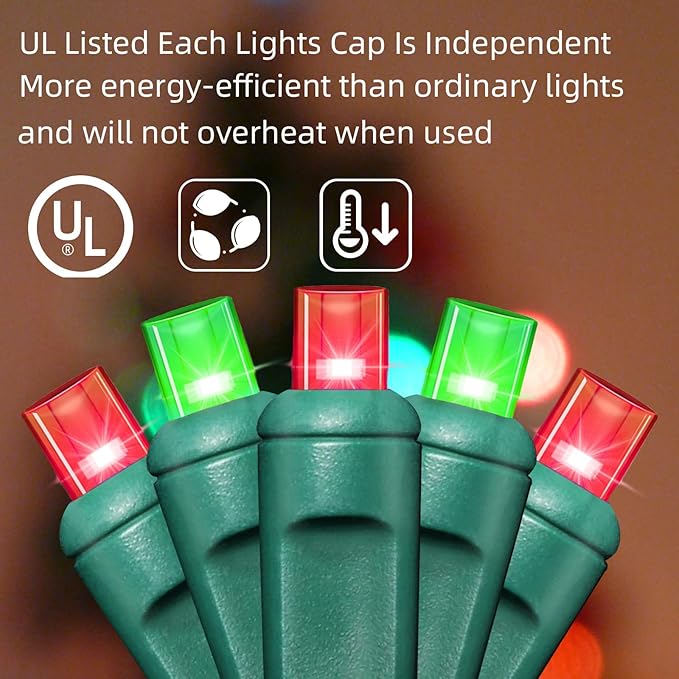 50L String Lights, LED Christmas Lights, 6" SPACING,Green Wire, Red and Green
