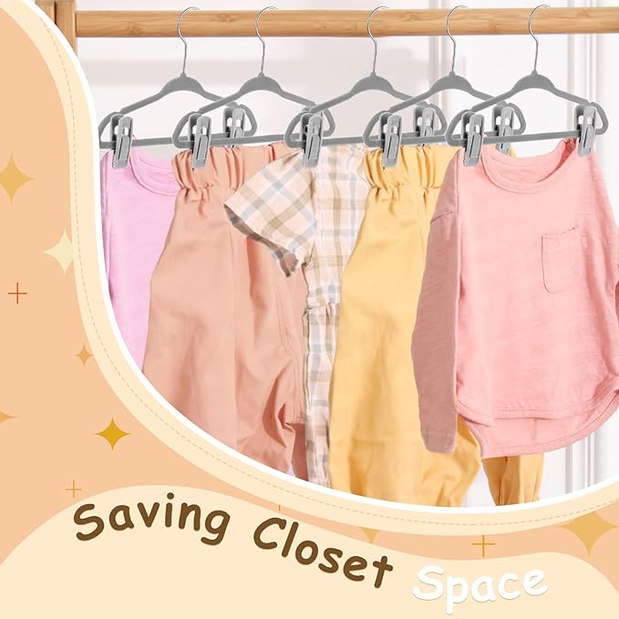 Soaoo 50 Pcs Baby Velvet Non-Slip Hangers with Clips,100 Clips for Pants & Skirts, Space-Saving Kids Children Clothes Hangers for Nursery Closet Organization(Grey)