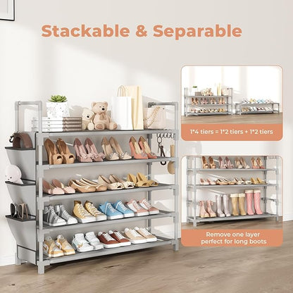 5 Tier Shoe Rack, Shoe Organizer Storage for 20-25 Pair Boot and Sneaker, Stackable Free Standing Shoe Shelf with Hooks and Side Pocket, Space Saving Shoes Rack for Closet, Entryway, Grey