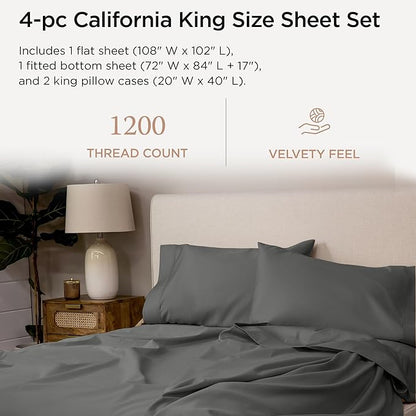 Threadmill Supima Cotton Sheets - 1200 Thread Count, Cal King Size, 4 Pc Dark Grey Set, 5-Star Hotel Quality, Deep Pocket Sheets