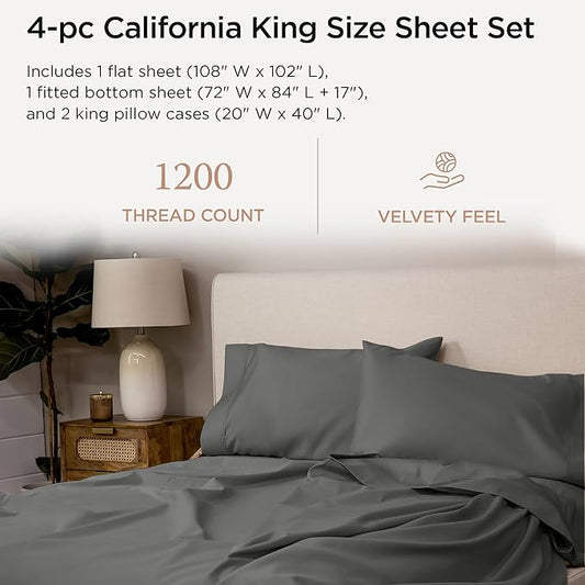 Threadmill Supima Cotton Sheets - 1200 Thread Count, Cal King Size, 4 Pc Dark Grey Set, 5-Star Hotel Quality, Deep Pocket Sheets