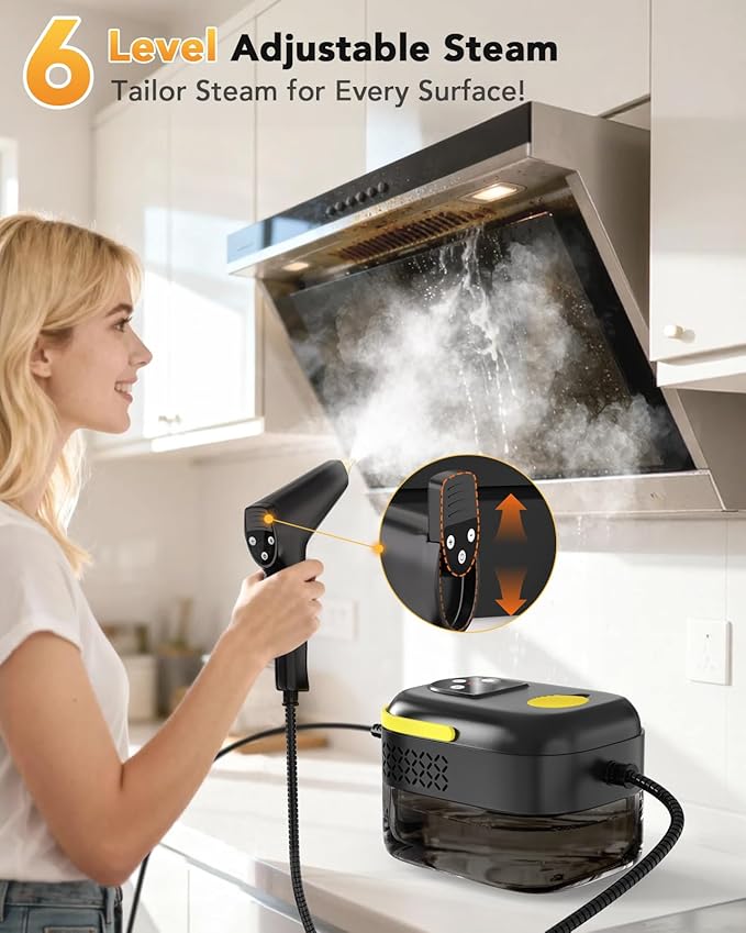 Handheld Steam Cleaner for Home, Portable Steamer for Cleaning with 6-Level Adjustable Handle, 1.47Qt Tank, 15s Heat-Up, 185" Reach & 16 Accessories – Clean Dirt, Car, Grout, Tile, Floor, Grease