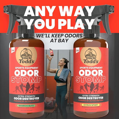 Uncle Todd’s Odor Stomp Sports Equipment Odor Eliminator Spray - Extra Strength Enzyme-Powered Deodorizer for Football, Hockey, Gym Bags, and Athletic Gear - Bamboo Blitz Scent - 16 oz