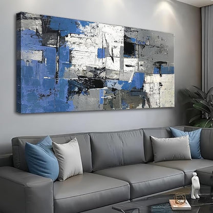 Large Abstract Wall Art for Living Room - Blue Grey and White Print Paintings -Framed Modern Canvas Artwork Decor for Bedroom Bathroom Office – Large 20"x40" Textured Artwork, Ready to Hang