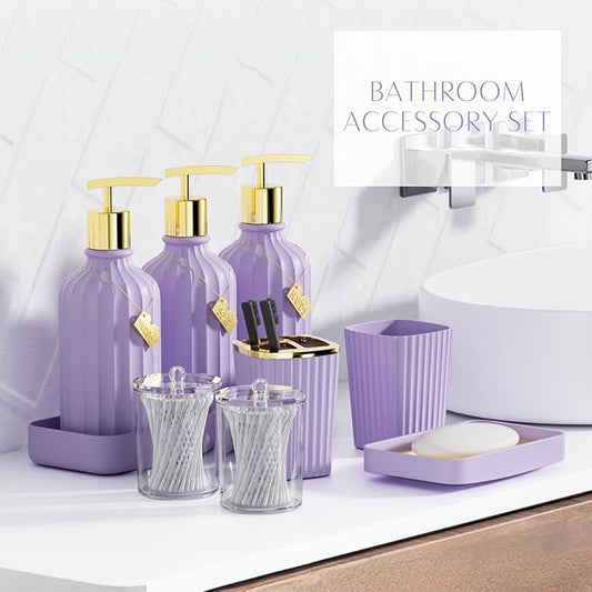 32PCS Bathroom Sets with Shower Curtain and Rugs-Purple Bathroom Accessories,Non Slip Bathroom Rugs Set with Toilet Lid Cover, Waterproof Shower Curtain, 3PC Soap Dispenser with Trash Can