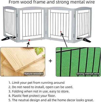 ZJSF Freestanding Dog Fence Indoor, Foldable Dog Gate for Doorways, Stairs or Hallways, Sturdy Wood Extra Wide Pet Gate with Support Feet for The House, Grey, 24 "Height-4 Panels