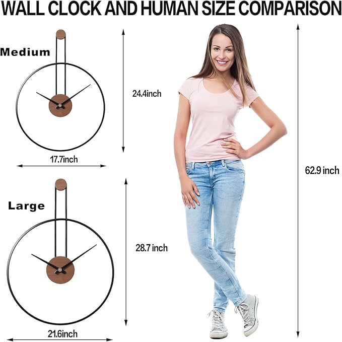 YISITEONE Large Decorative Wall Clock for Living Room,Metal & Walnut Dial Home Decor Silent Non Ticking Lightweight Clocks for Bedroom, Farmhouse, Office Decorations, 28.7''×21.6'',Black