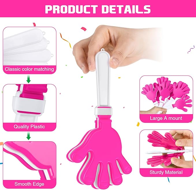 Junkin 100 Pcs Hand Clappers Bulk 7. 5 x 3. 5 Inches Noise Makers Party Favors Clapping Noise Maker Clacker for Birthdays Game Prizes Rewards Football Sporting Events Cheers Supplies (Pink White)