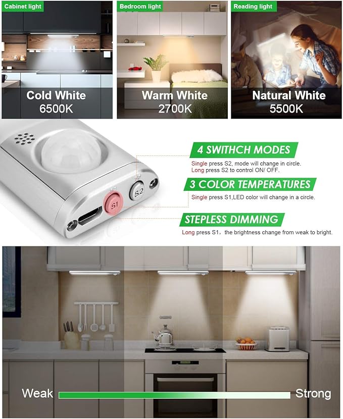 Under Cabinet Lighting, 80 LED Motion Sensor Light Indoor, Rechargeable Closet Light, 3 Color Temps Under Cabinet Lights, Wireless Dimmable Under Counter Lights for Kitchen, Pantry (2 Pack)
