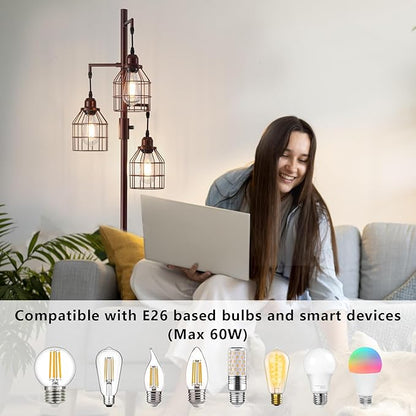 9MMML Floor Lamp for Living Room, Farmhouse Industrial Dimmable Floor lamp, 3 Lights Metal Cage Tree Standing Lamp,68", 3Pcs LED Bulbs Included